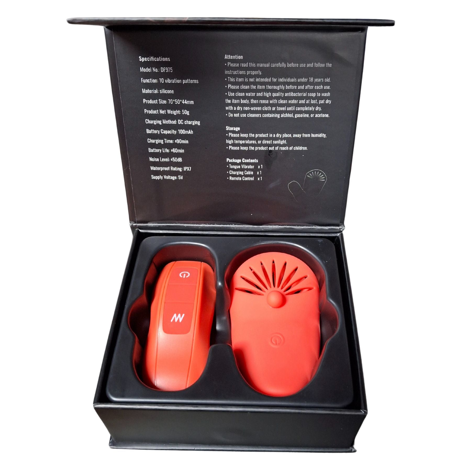 Lickie wearable tongue vibrator and wireless remote displayed in compact open-box packaging